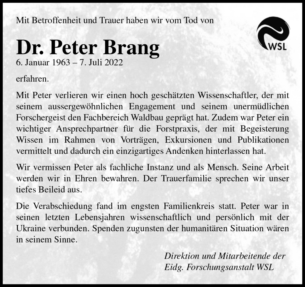 Obituary Peter Brang, 20.07.2022